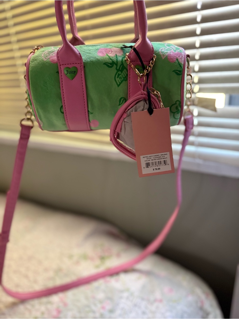 Juicy Couture Pink & Green Floral Barrel Crossbody Purse